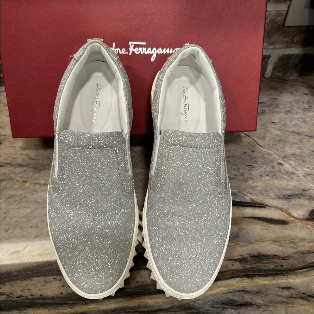Salvatore Ferragamo Momo Glitti Silver Glitter Slip-On Sneakers size 8